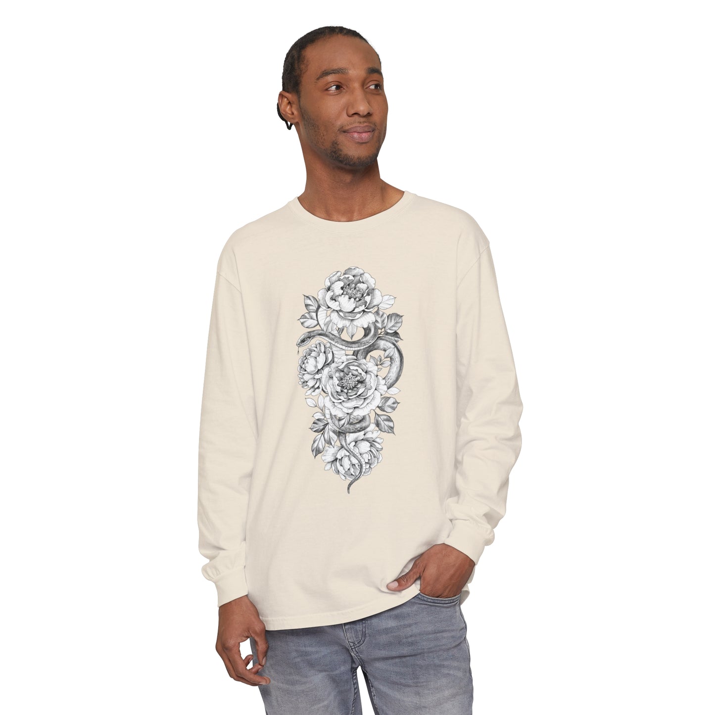 Snake Floral Tatt Unisex Garment-dyed Long Sleeve T-Shirt