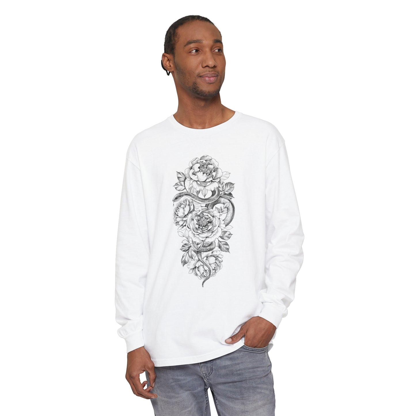 Snake Floral Tatt Unisex Garment-dyed Long Sleeve T-Shirt