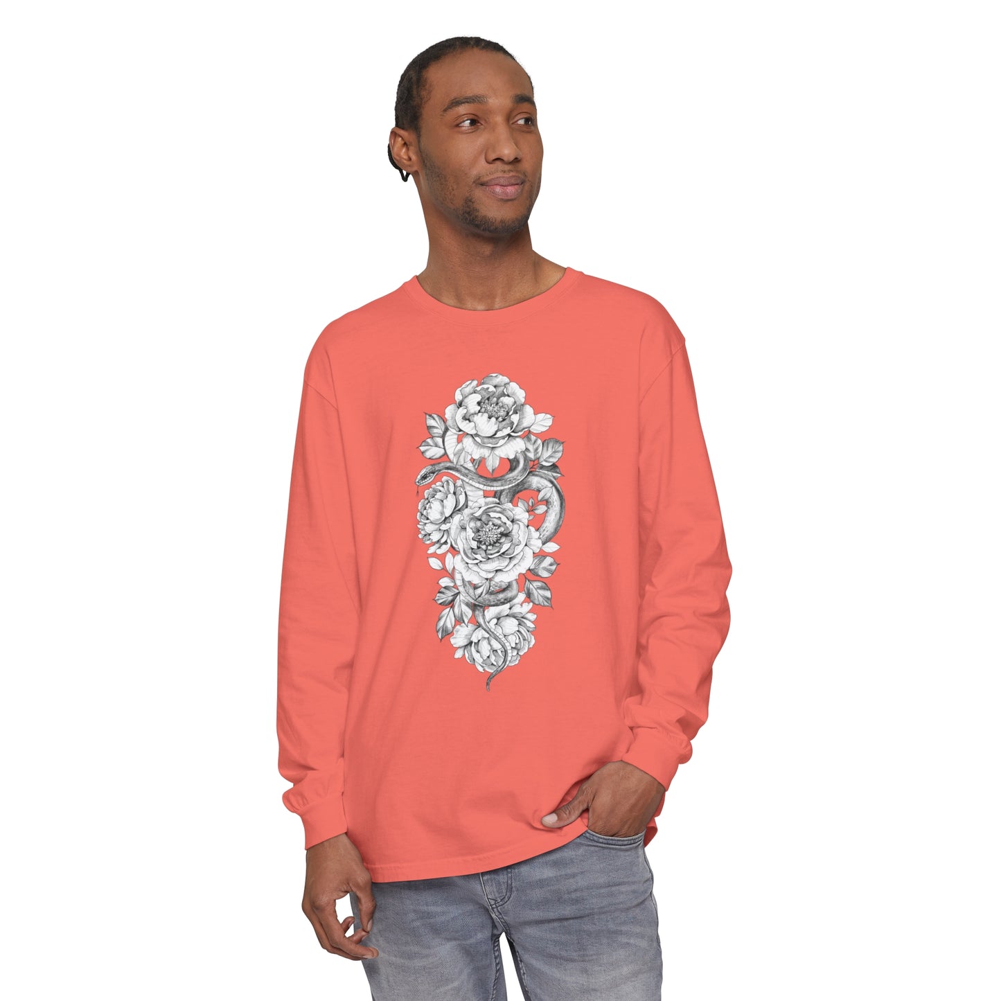 Snake Floral Tatt Unisex Garment-dyed Long Sleeve T-Shirt