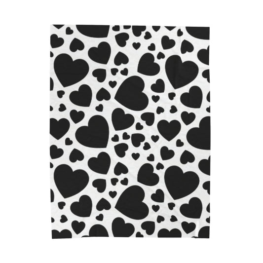 Black White Valentine Hearts Velveteen Plush Blanket