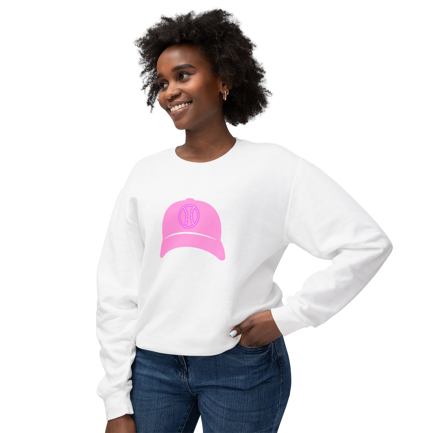 Pink Ballcap Unisex Lightweight Crewneck Sweatshirt