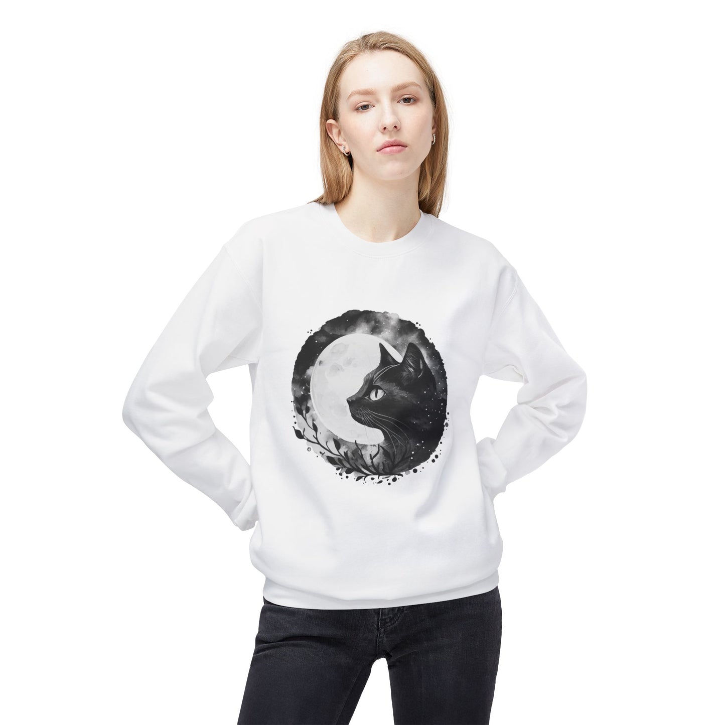 Moon Cat Unisex Midweight Softstyle Fleece Crewneck Sweatshirt