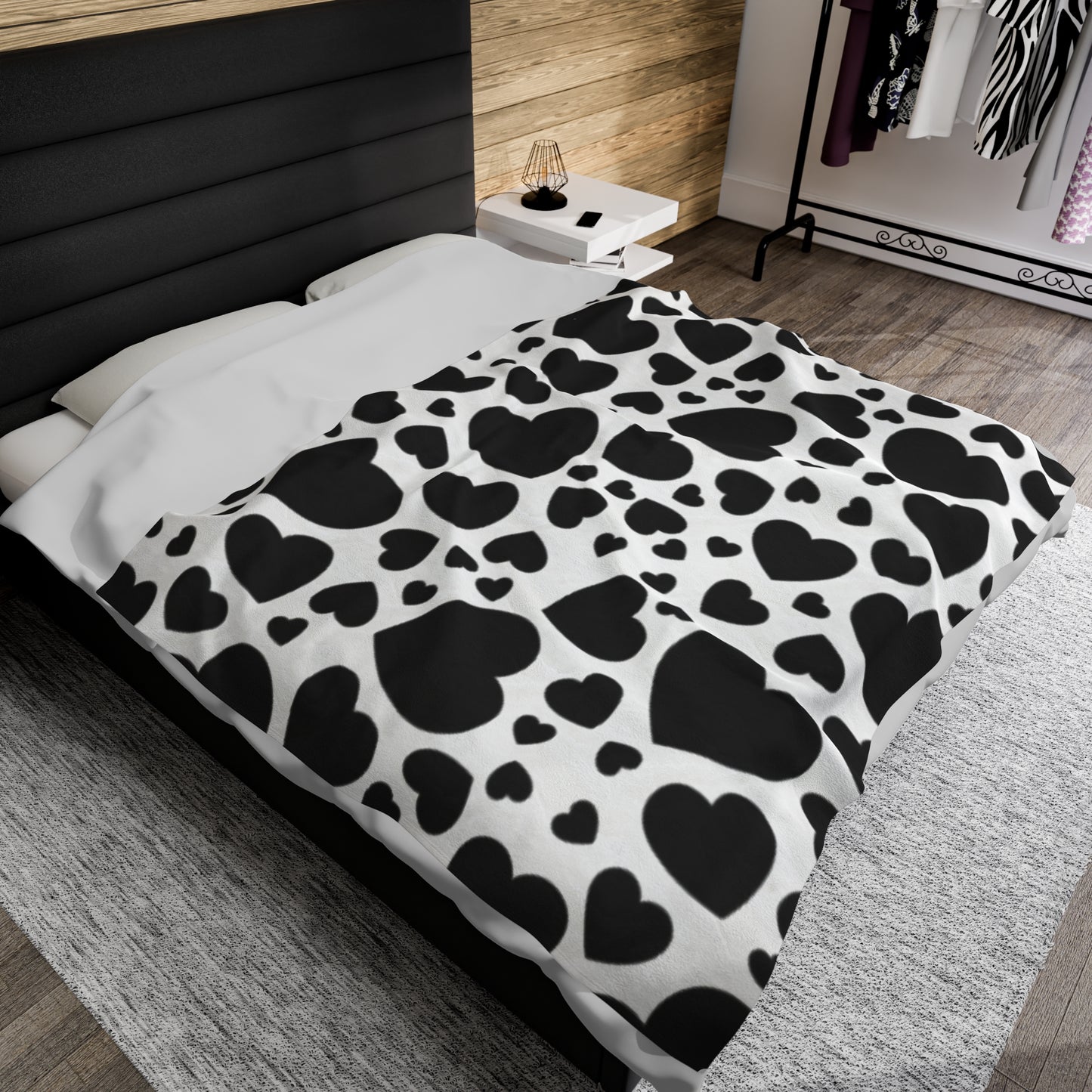 Black White Valentine Hearts Velveteen Plush Blanket