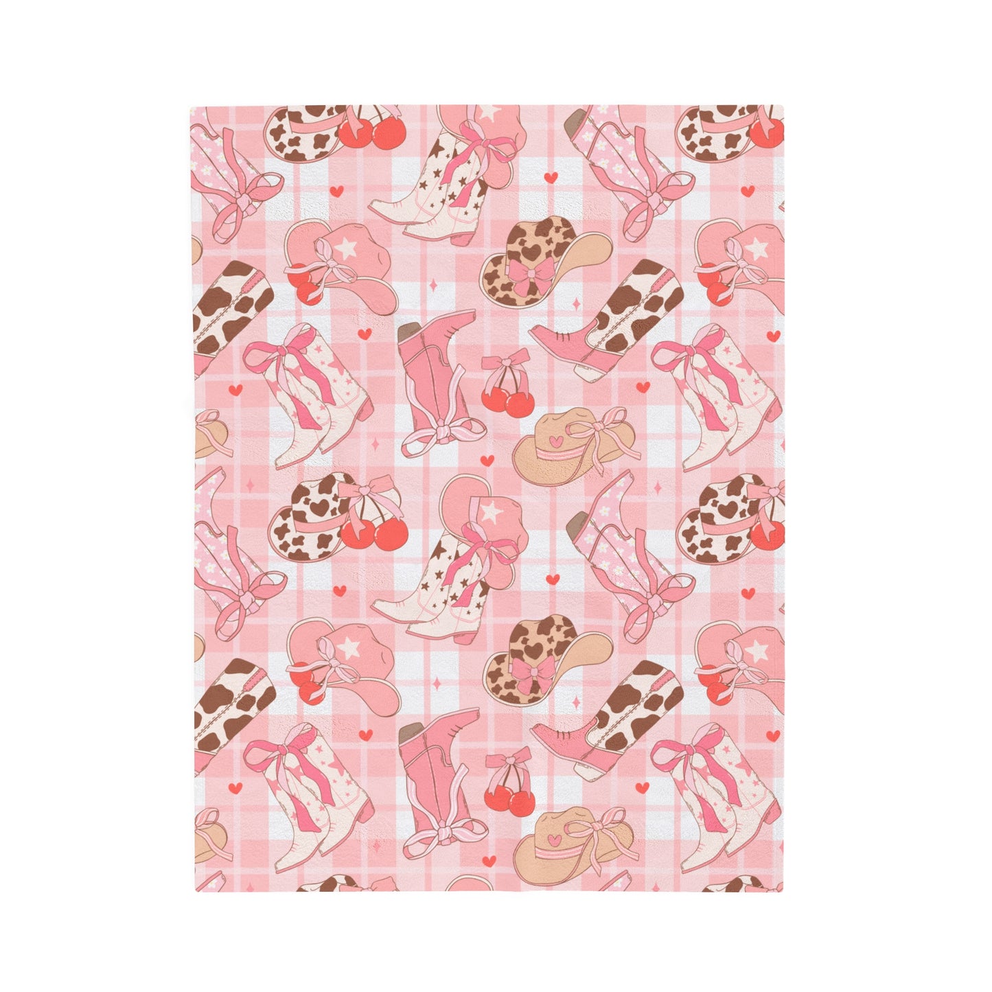 Plush Blanket - Girls Western Theme with Pink Plaid and Cherries