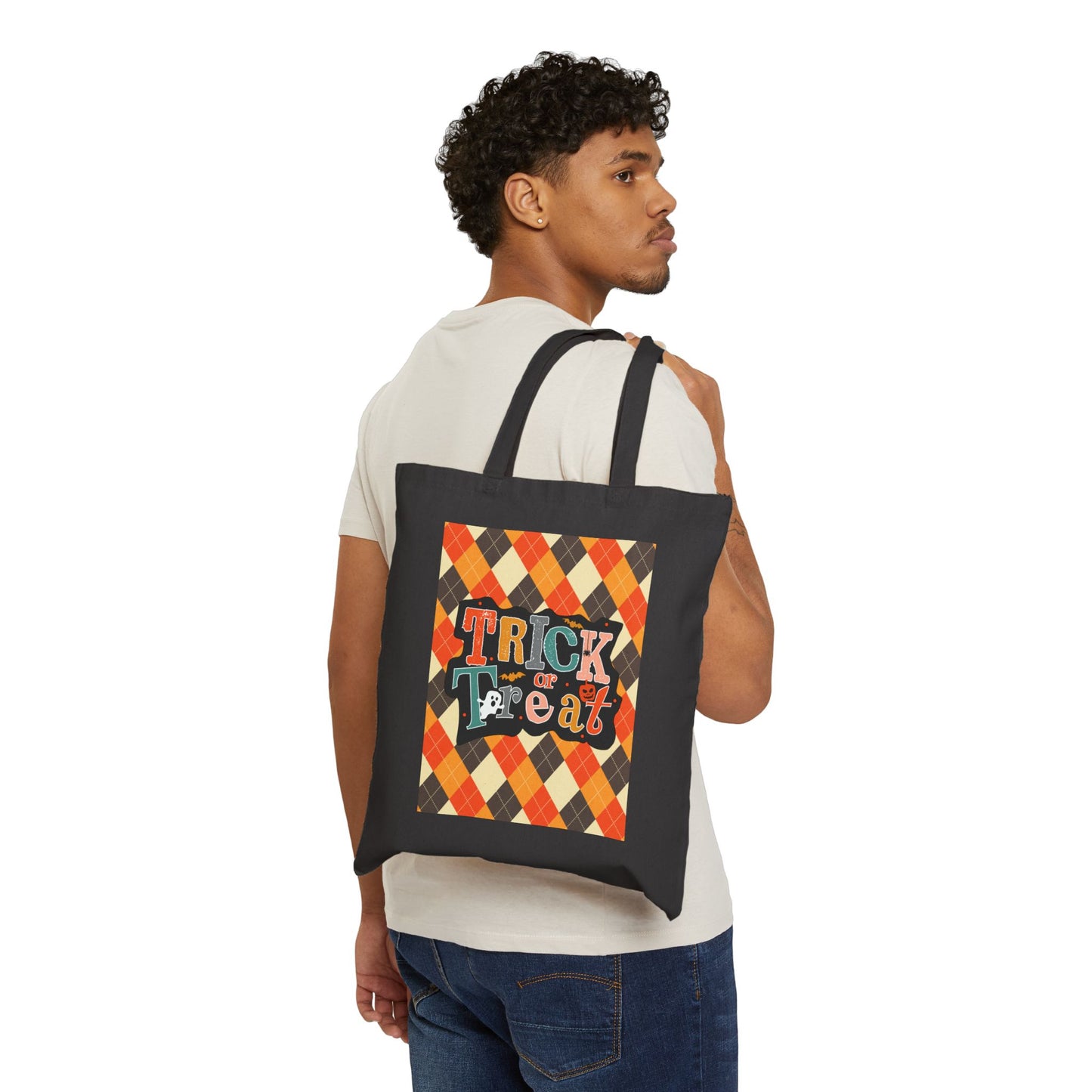 Fall Argyle Trick or Treat Cotton Canvas Tote Bag