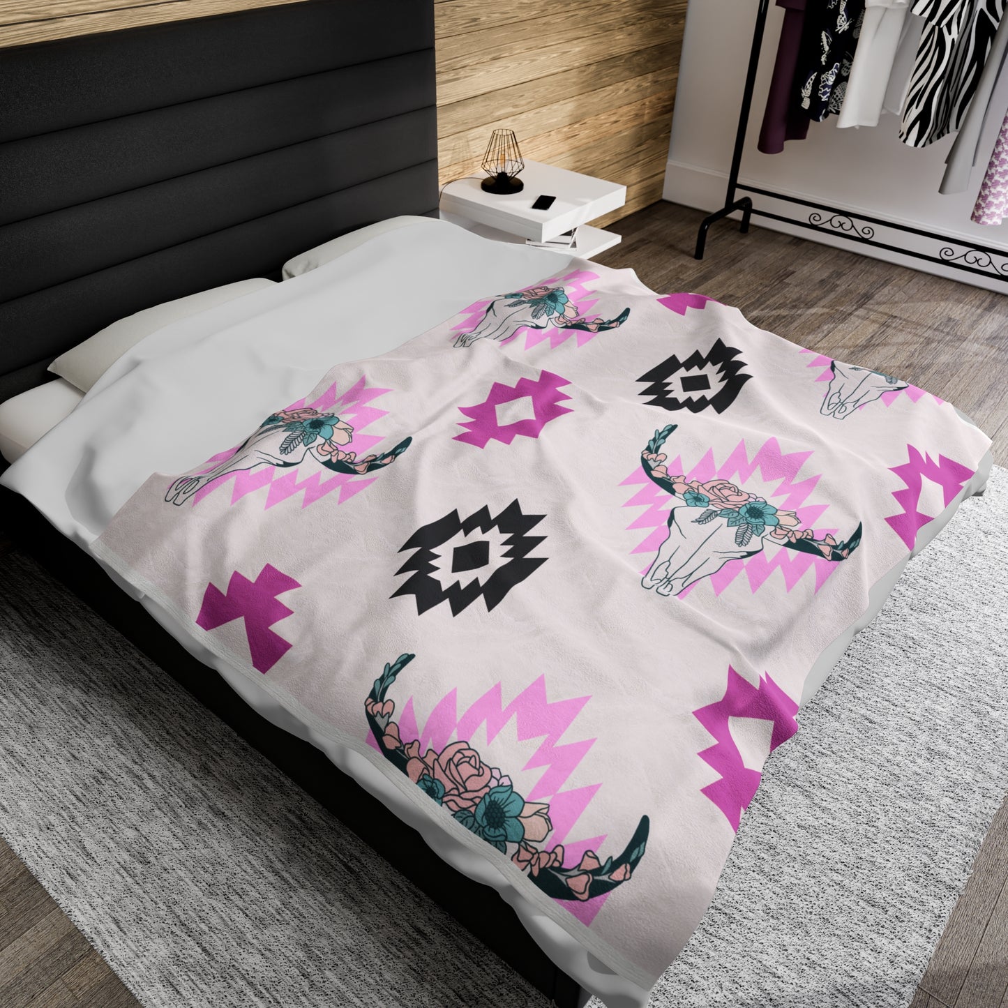 Plush Blanket - Southwest Pink Floral Bull Design