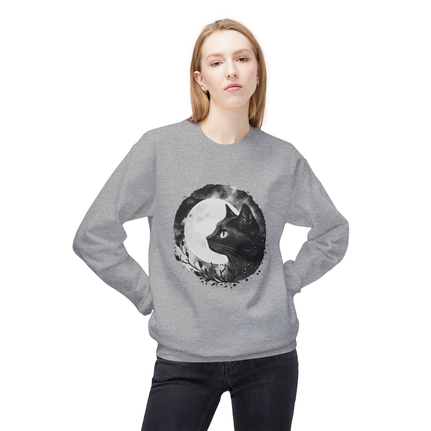 Moon Cat Unisex Midweight Softstyle Fleece Crewneck Sweatshirt