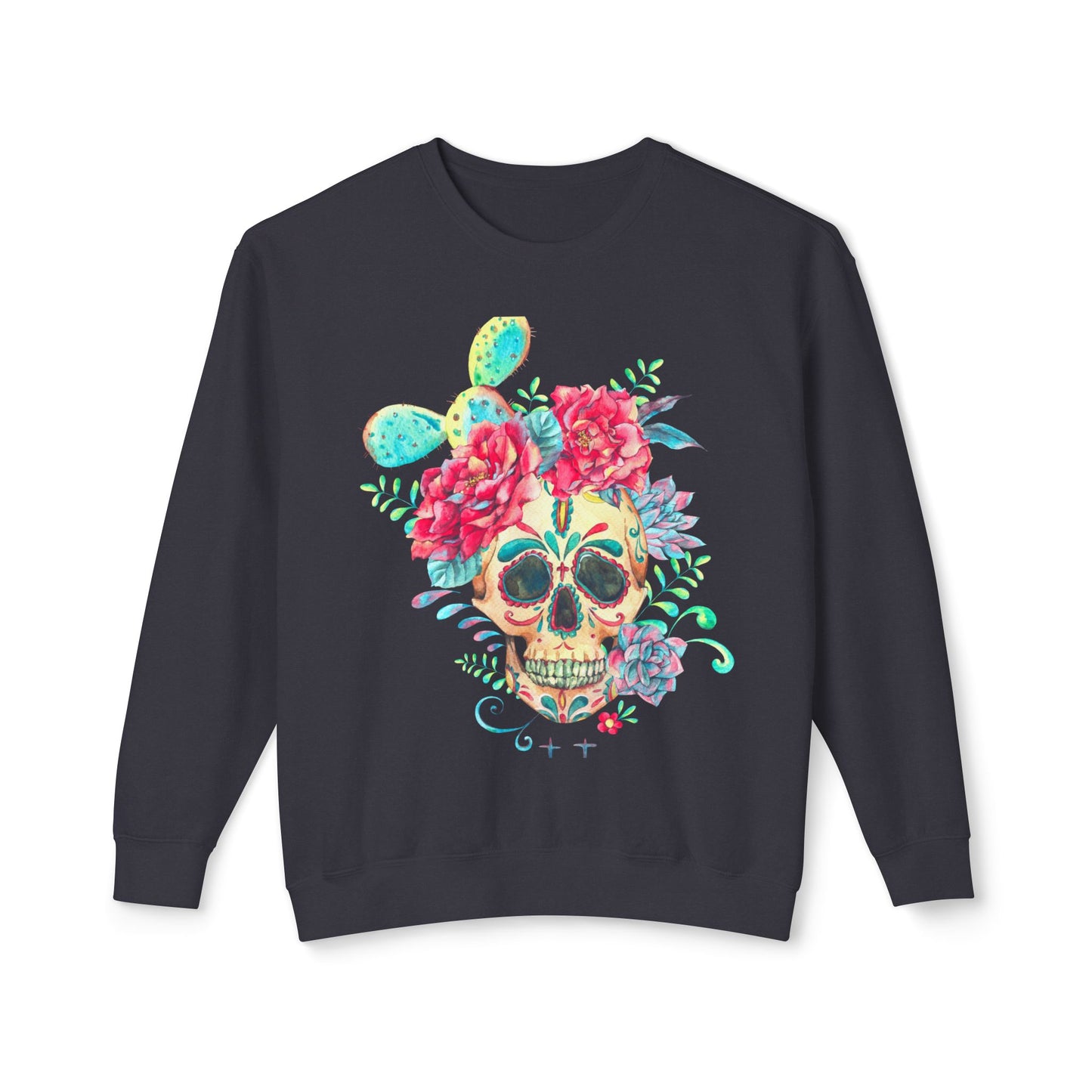 Sugar Skull Floral Unisex Lightweight Crewneck Sweatshirt