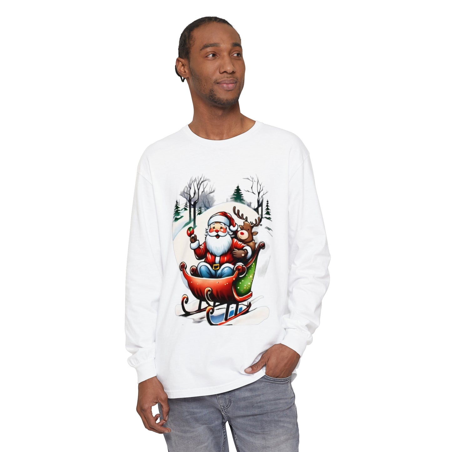 Sleigh Ride Santa Unisex Garment-dyed Long Sleeve T-Shirt