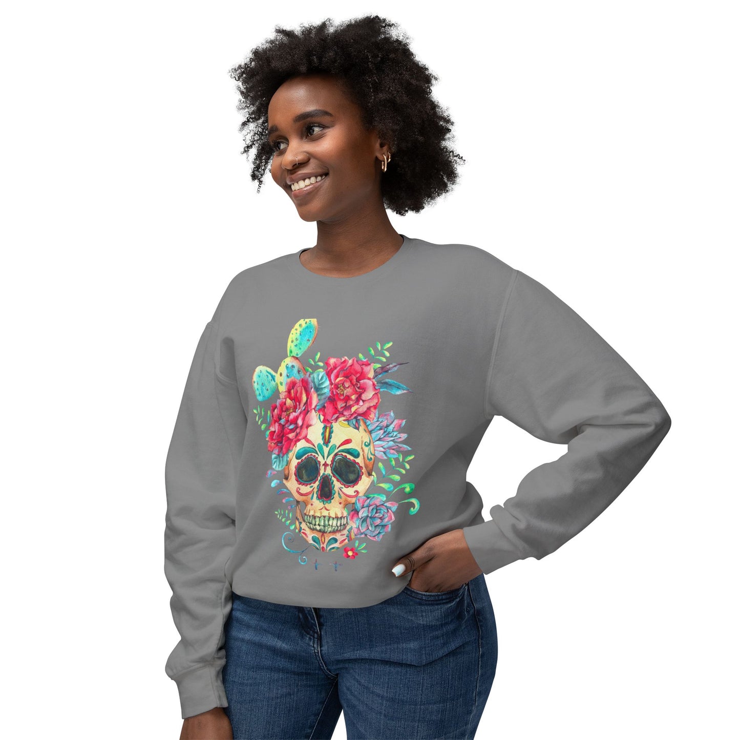 Sugar Skull Floral Unisex Lightweight Crewneck Sweatshirt