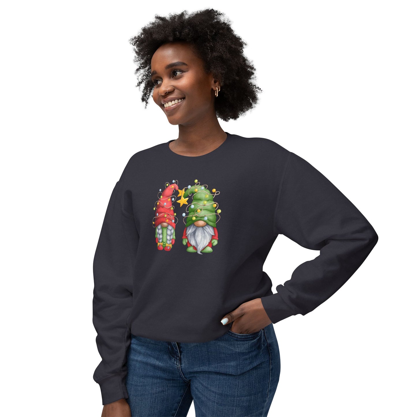 Mr & Mrs Claus Gnomies Lights Unisex Lightweight Crewneck Sweatshirt