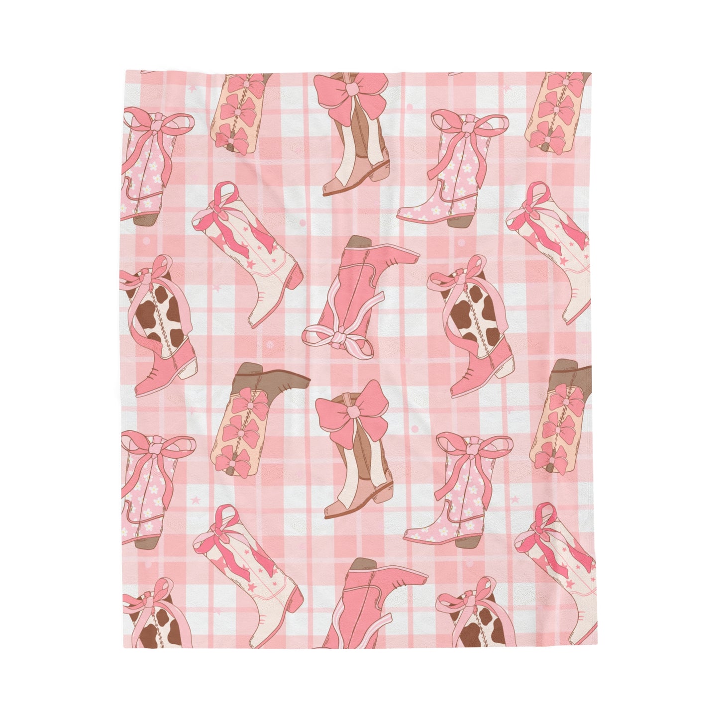 Plush Blanket Cowgirl Western Boots Pink Plaid