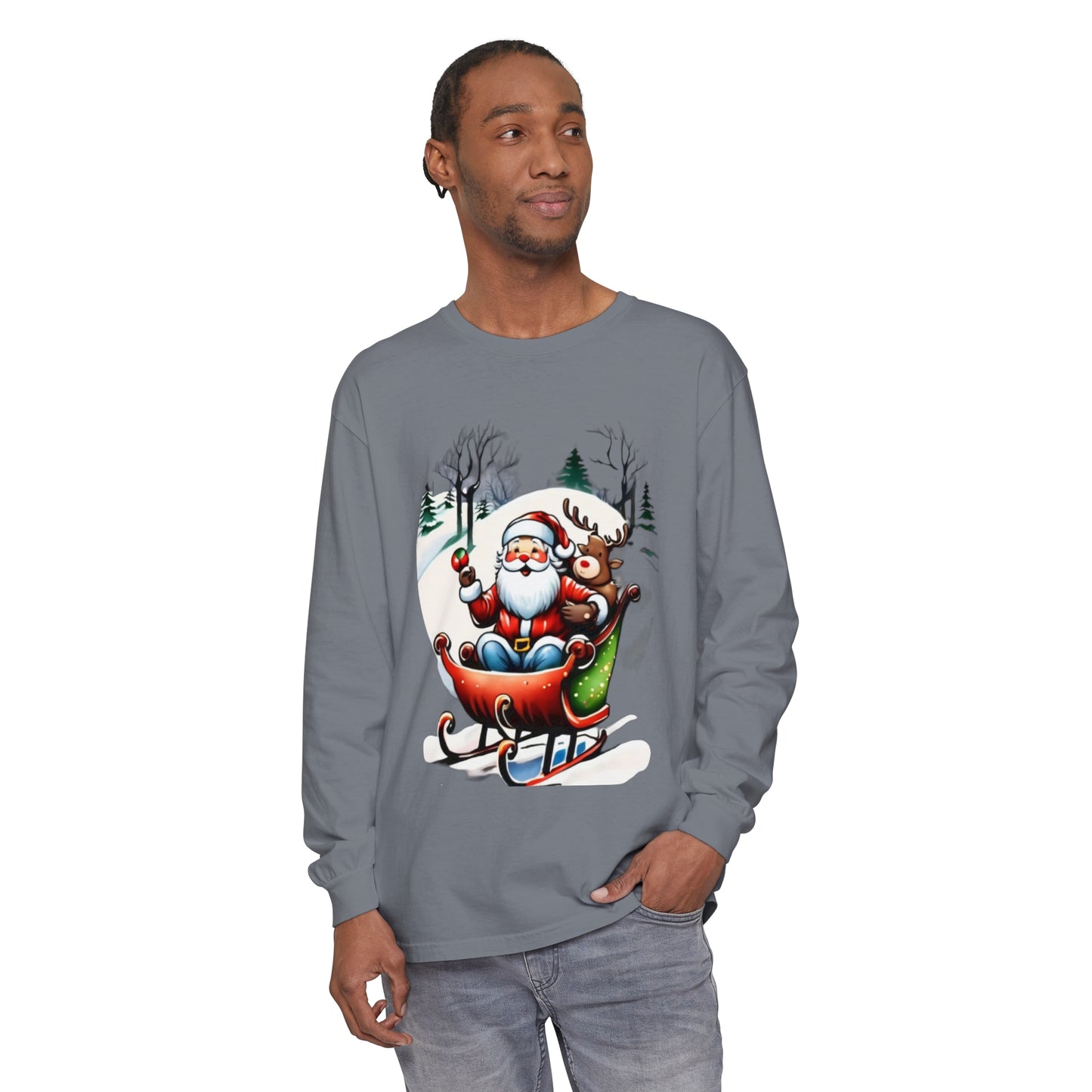 Sleigh Ride Santa Unisex Garment-dyed Long Sleeve T-Shirt