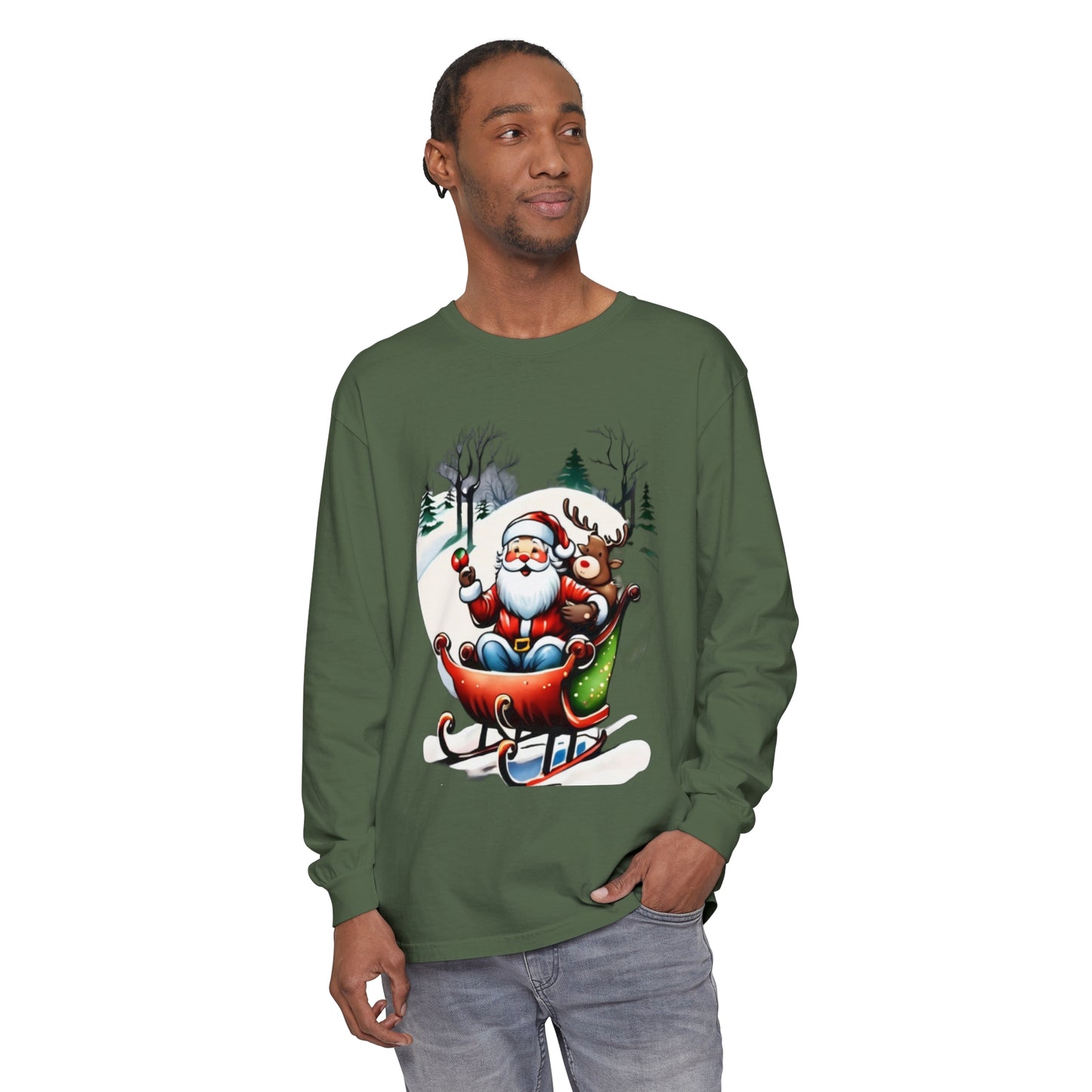 Sleigh Ride Santa Unisex Garment-dyed Long Sleeve T-Shirt