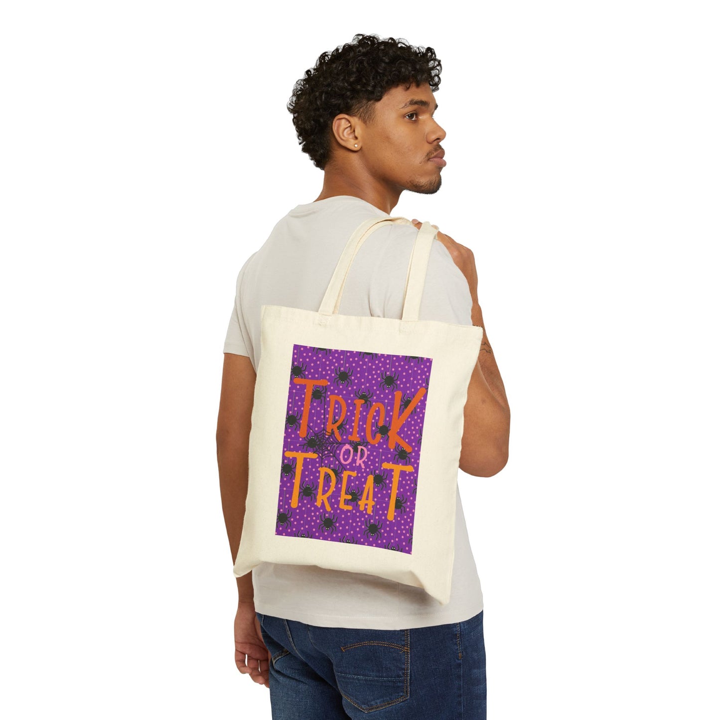 Purple Spiders Trick or Treat Cotton Canvas Tote Bag