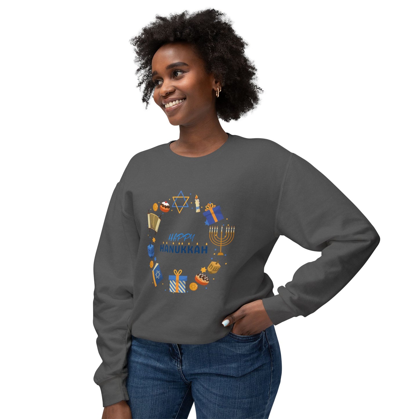 Happy Hanukkah Unisex Lightweight Crewneck Sweatshirt