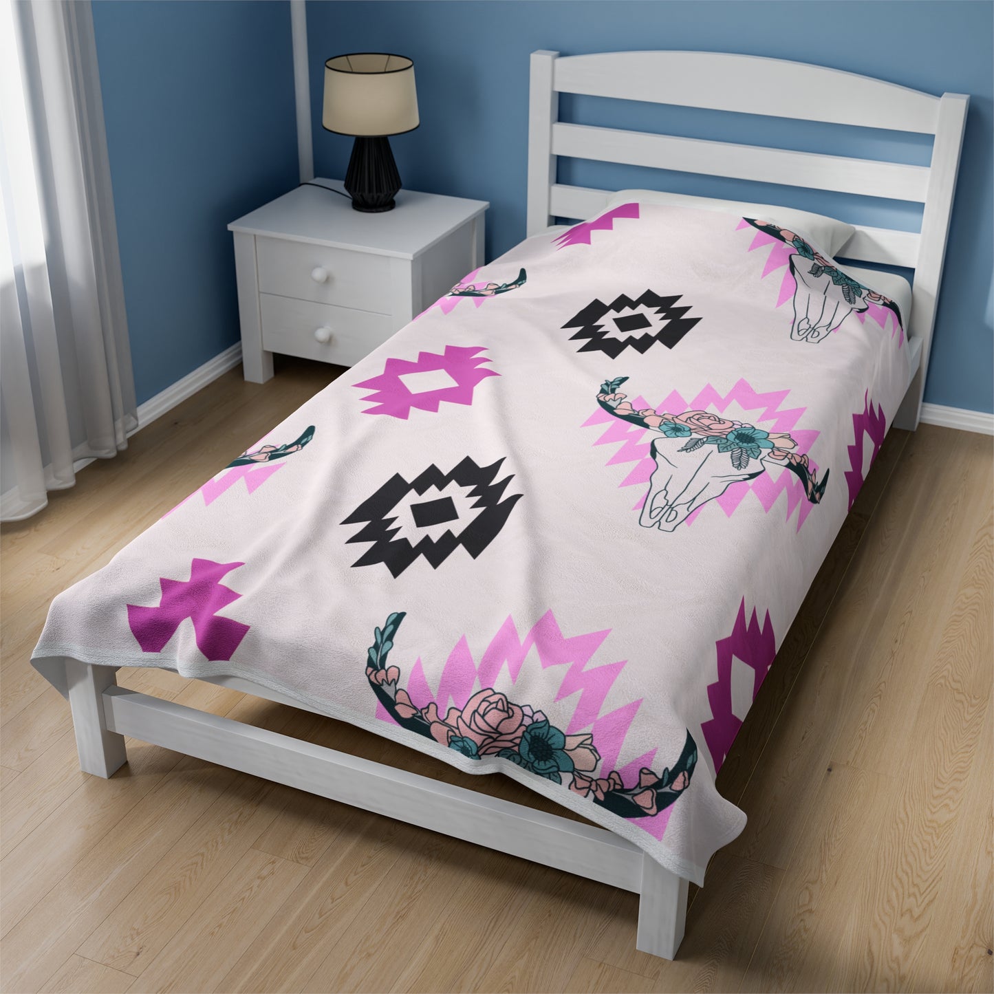 Plush Blanket - Southwest Pink Floral Bull Design