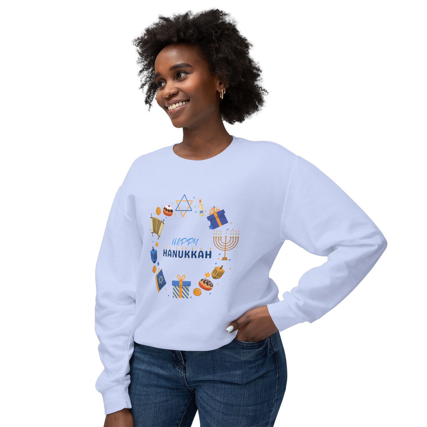 Happy Hanukkah Unisex Lightweight Crewneck Sweatshirt