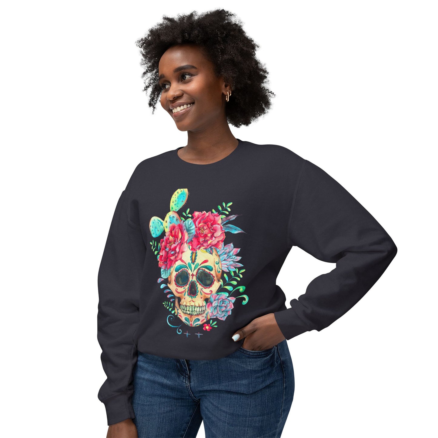 Sugar Skull Floral Unisex Lightweight Crewneck Sweatshirt