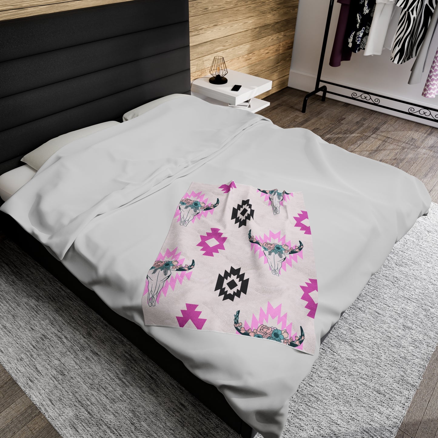 Plush Blanket - Southwest Pink Floral Bull Design