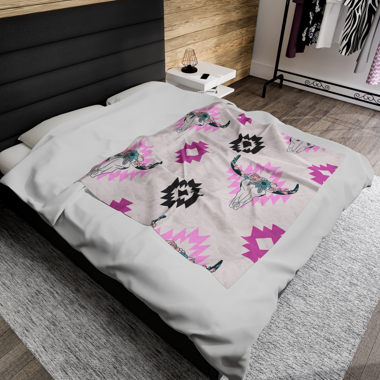 Plush Blanket - Southwest Pink Floral Bull Design