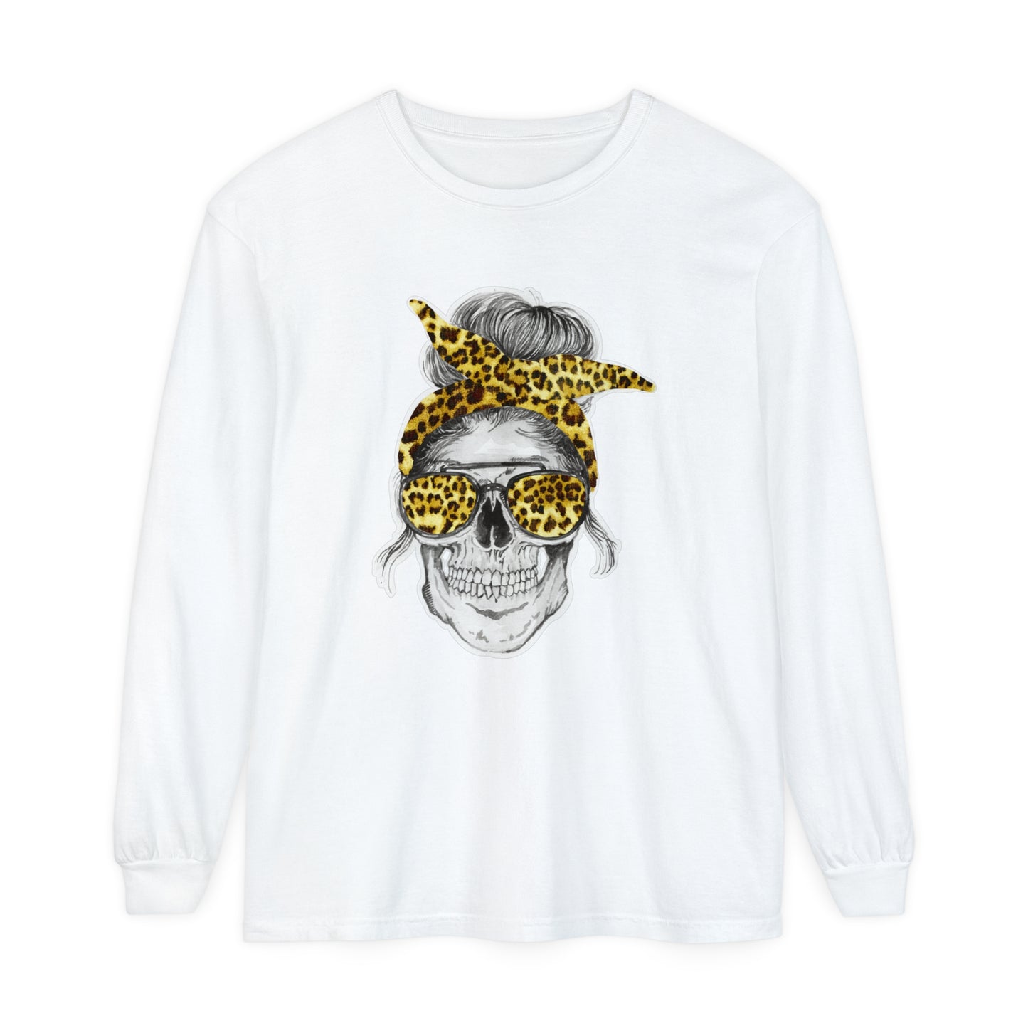 Mom Skull Messy Bun Unisex Garment-dyed Long Sleeve T-Shirt