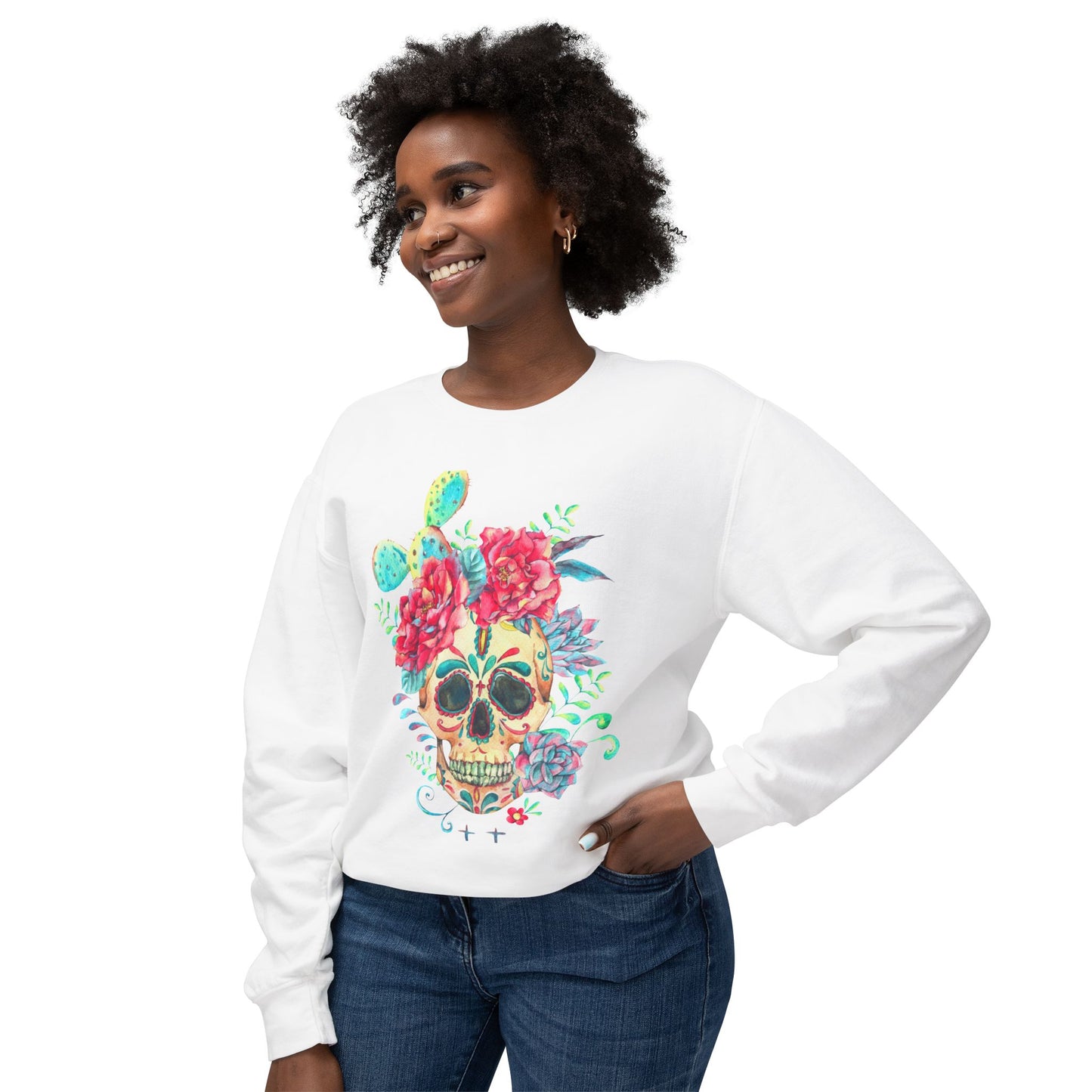 Sugar Skull Floral Unisex Lightweight Crewneck Sweatshirt