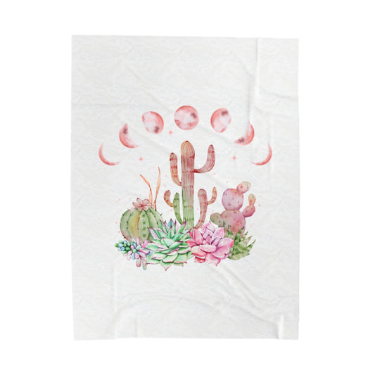 Cactus Moon Phase Velveteen Plush Blanket