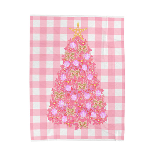 Pink Plaid Tree Velveteen Plush Blanket