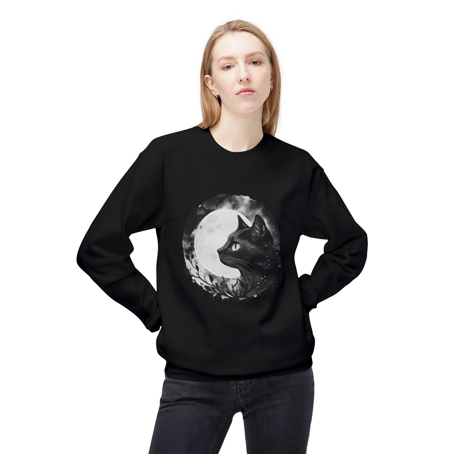 Moon Cat Unisex Midweight Softstyle Fleece Crewneck Sweatshirt