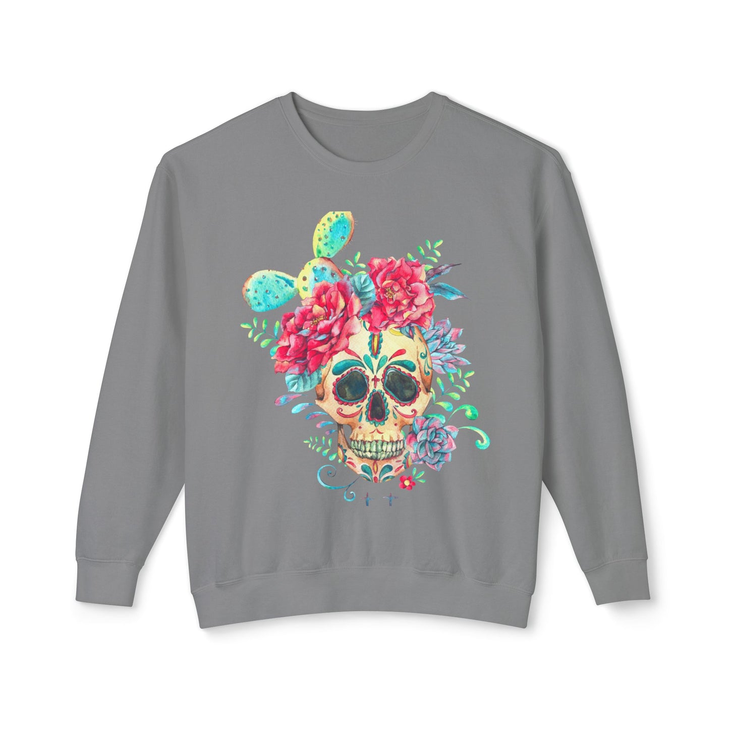 Sugar Skull Floral Unisex Lightweight Crewneck Sweatshirt