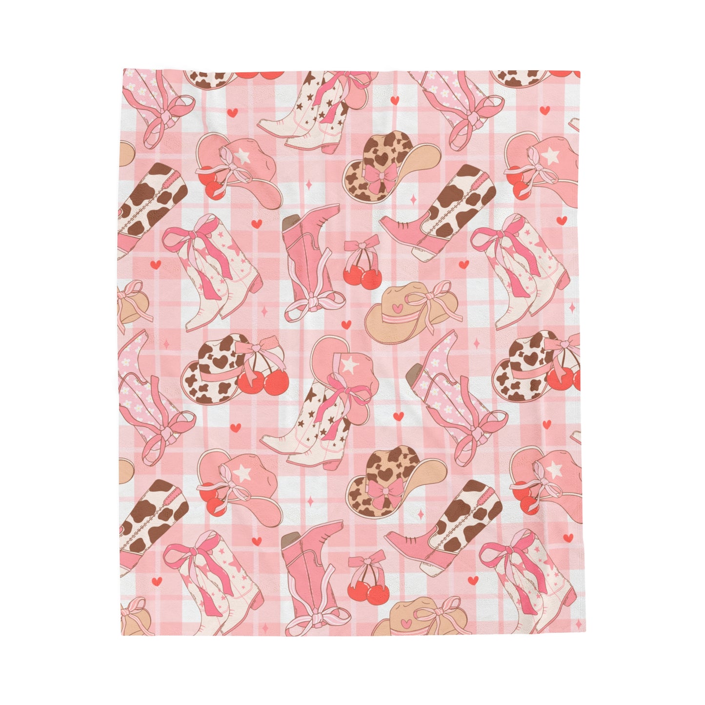 Plush Blanket - Girls Western Theme with Pink Plaid and Cherries