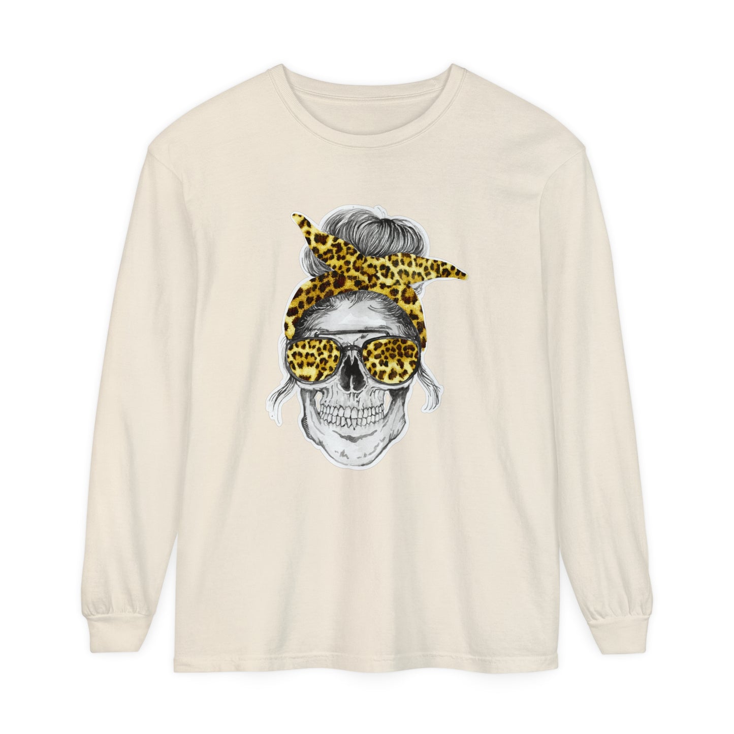 Mom Skull Messy Bun Unisex Garment-dyed Long Sleeve T-Shirt