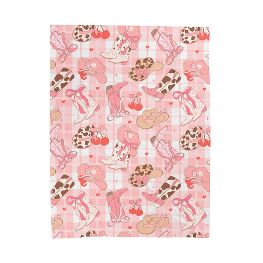 Plush Blanket - Girls Western Theme with Pink Plaid and Cherries