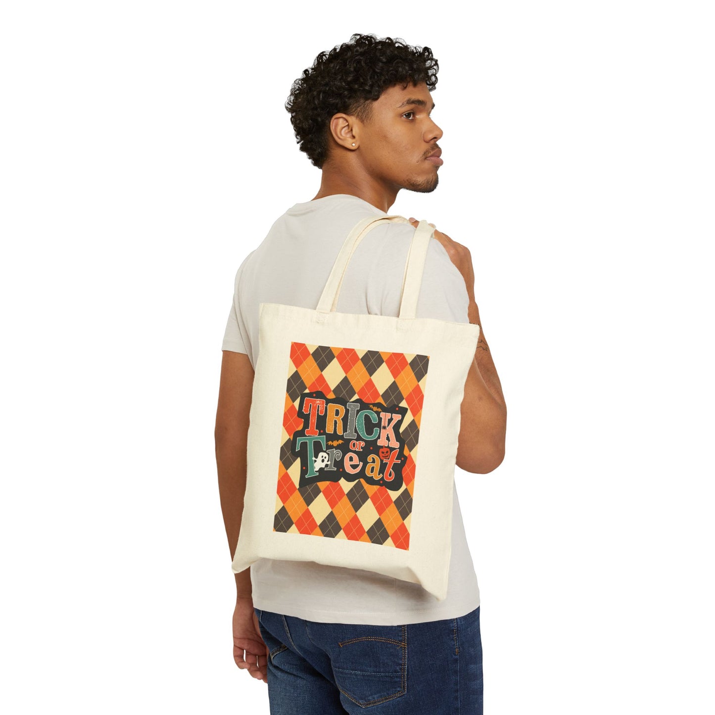 Fall Argyle Trick or Treat Cotton Canvas Tote Bag