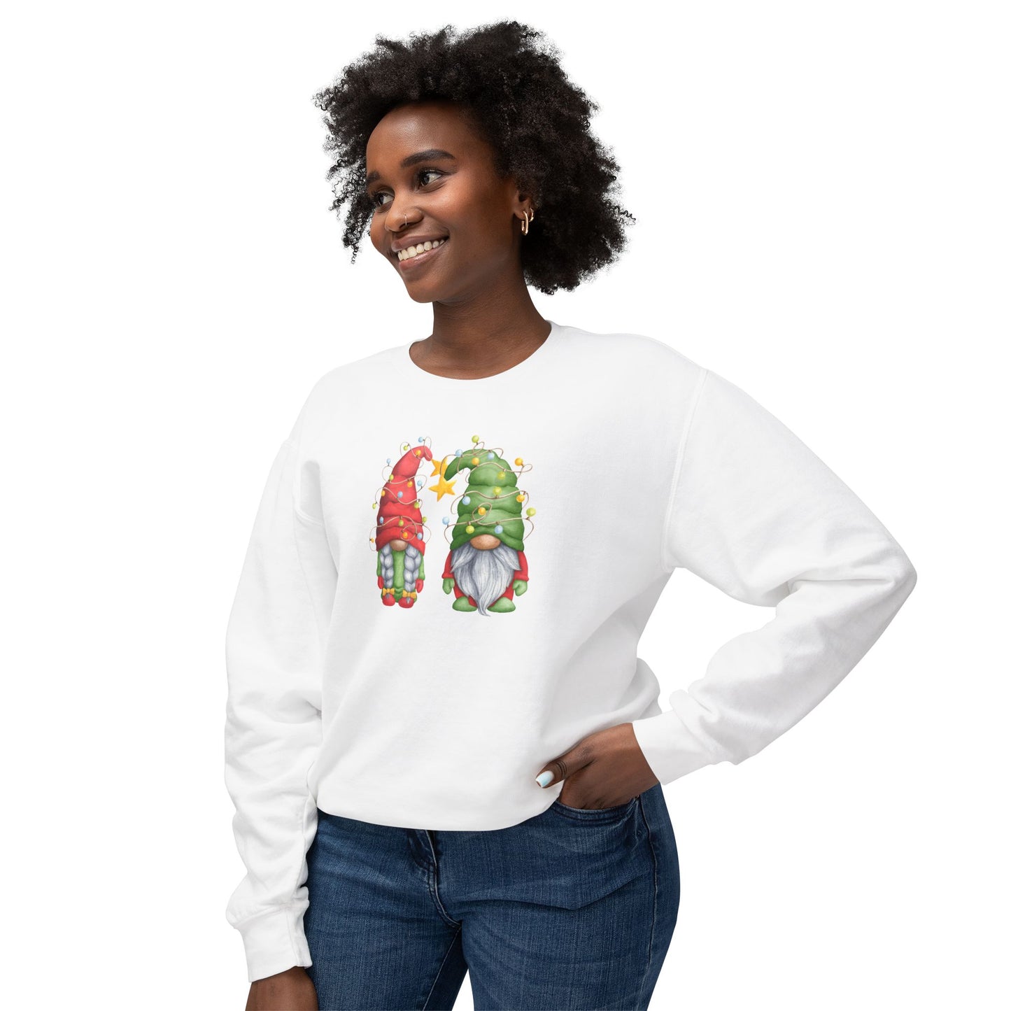 Mr & Mrs Claus Gnomies Lights Unisex Lightweight Crewneck Sweatshirt