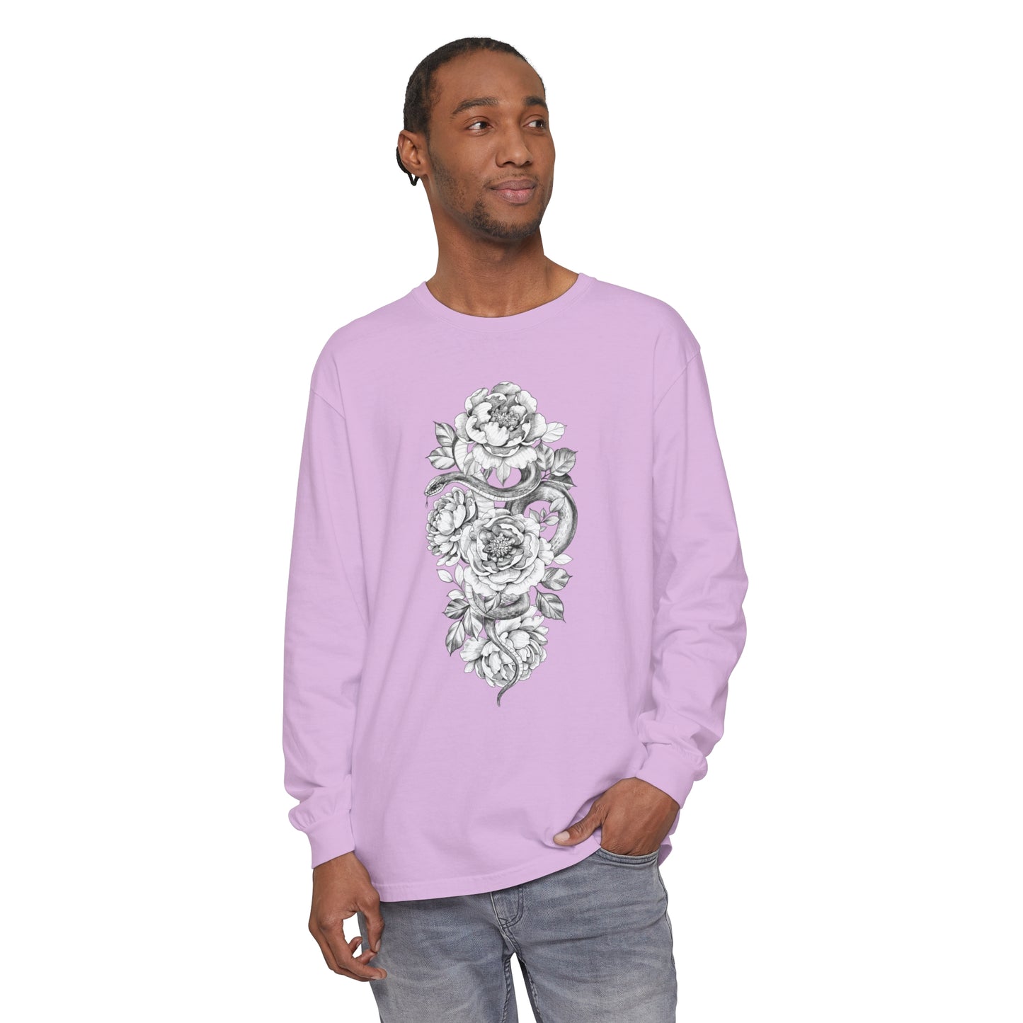 Snake Floral Tatt Unisex Garment-dyed Long Sleeve T-Shirt