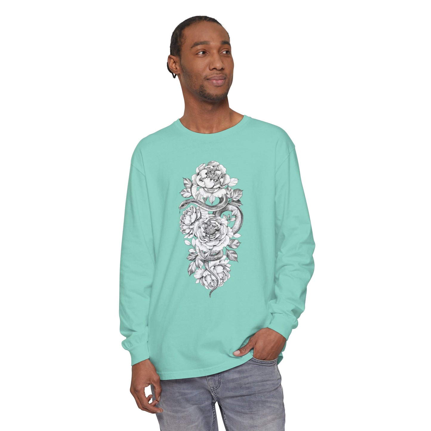 Snake Floral Tatt Unisex Garment-dyed Long Sleeve T-Shirt