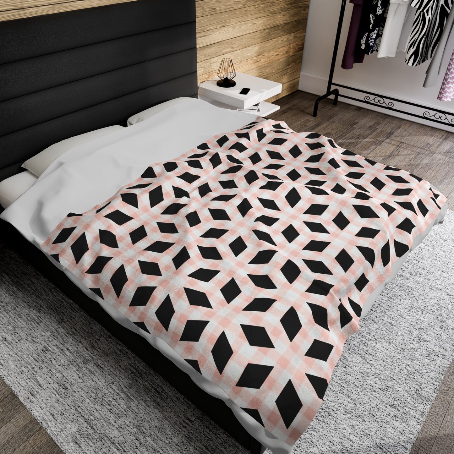 Pink Black Geometric Velveteen Plush Blanket