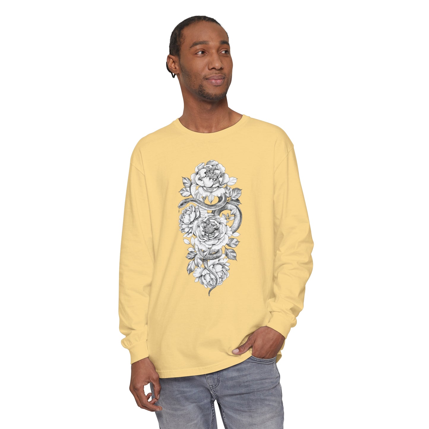 Snake Floral Tatt Unisex Garment-dyed Long Sleeve T-Shirt