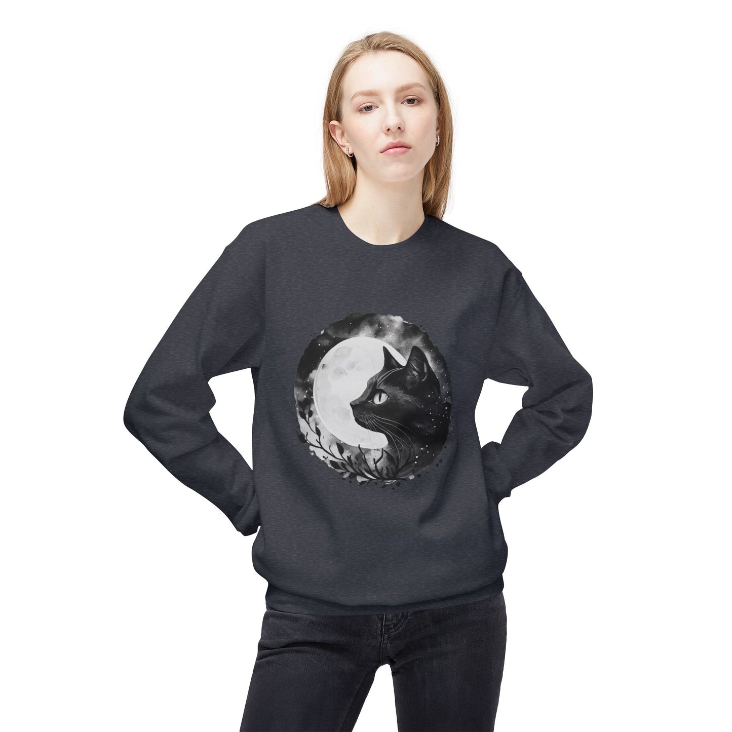 Moon Cat Unisex Midweight Softstyle Fleece Crewneck Sweatshirt