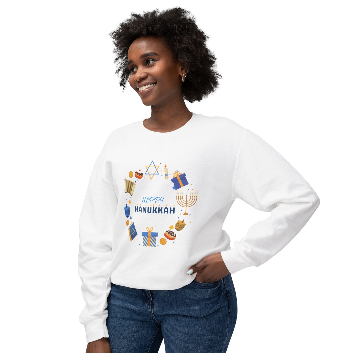 Happy Hanukkah Unisex Lightweight Crewneck Sweatshirt