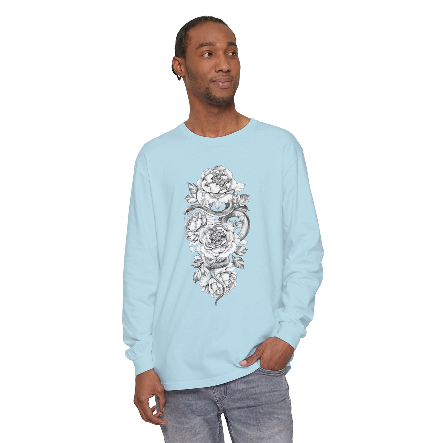 Snake Floral Tatt Unisex Garment-dyed Long Sleeve T-Shirt