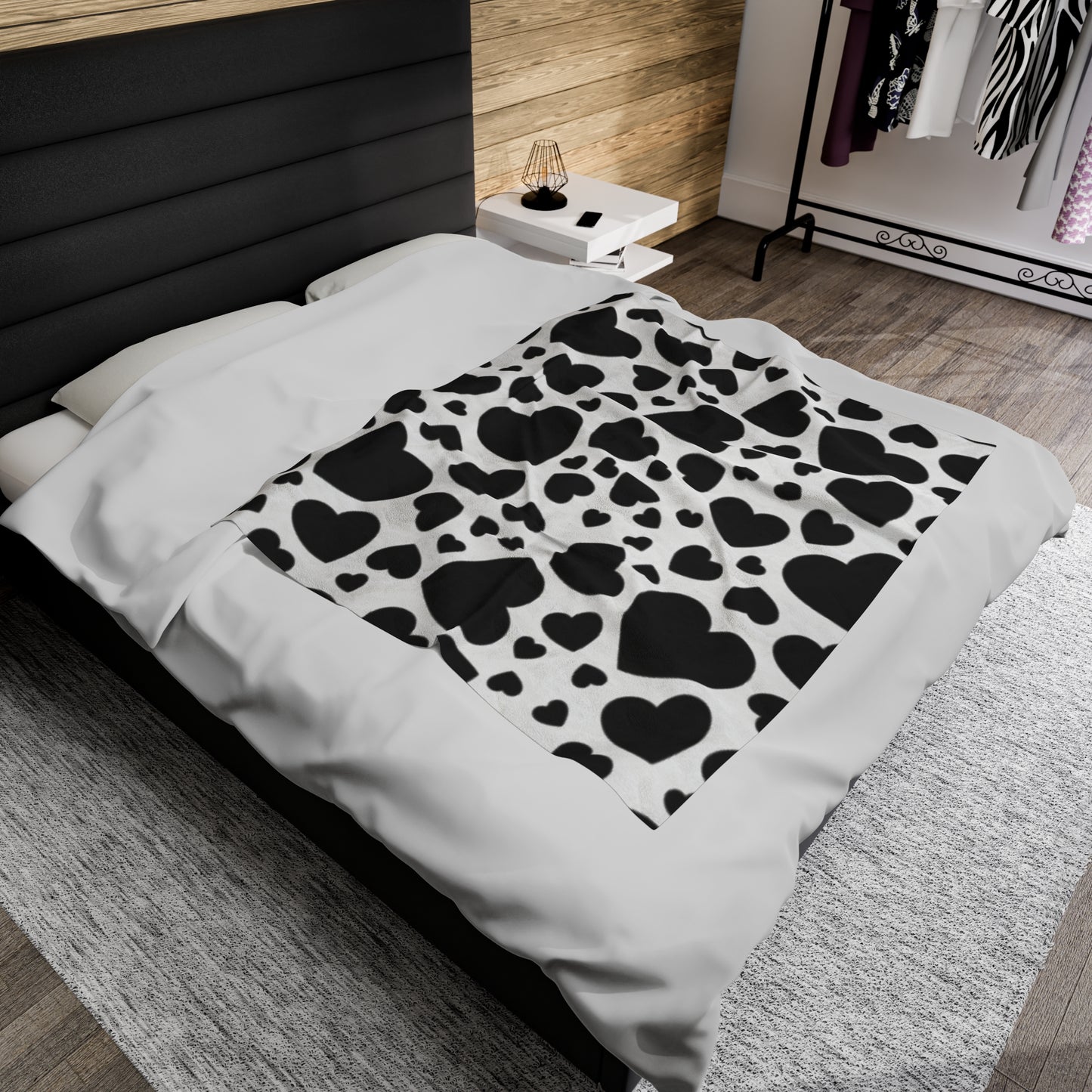 Black White Valentine Hearts Velveteen Plush Blanket