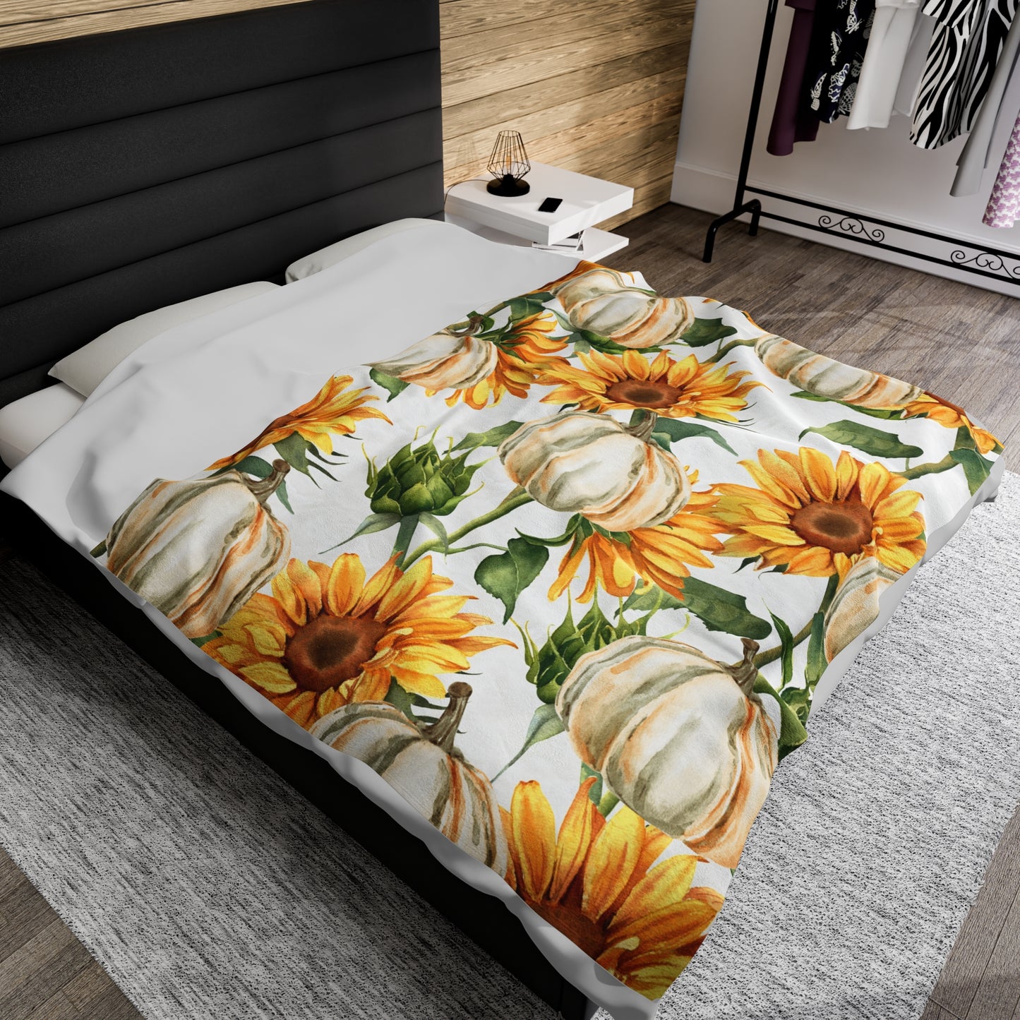 White Pumpkin Sunflowers Velveteen Plush Blanket